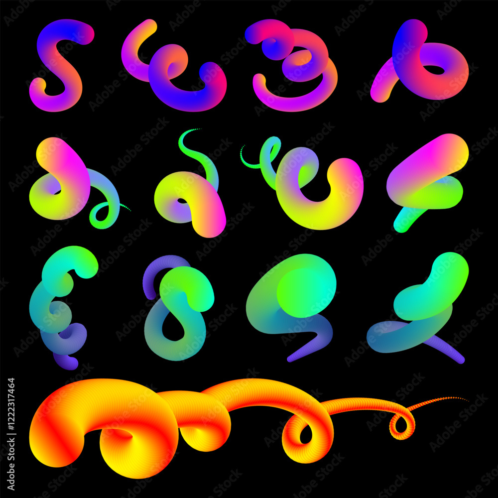Poster set of abstract fluid curve in different shape. gradient blend line icons. 3d effect fluid flow wave