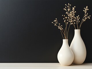 Contemporary Home Decor with Minimalist Vases on a Matte Black Wall, Wooden Flooring, and Natural Light, Perfect for Modern Interior Design Themes