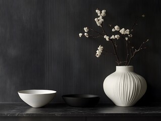 Contemporary Home Decor with Minimalist Vases on a Matte Black Wall, Wooden Flooring, and Natural Light, Perfect for Modern Interior Design Themes