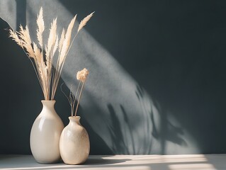 Contemporary Home Decor with Minimalist Vases on a Matte Black Wall, Wooden Flooring, and Natural Light, Perfect for Modern Interior Design Themes