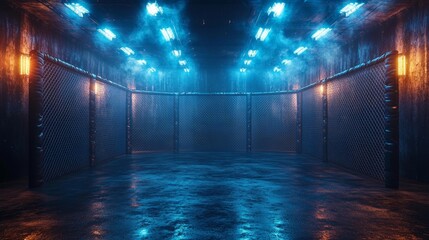 Futuristic MMA fight cage in a dark arena. Generative AI
