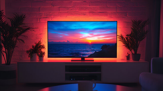 TV setup in modern living room, vibrant colors, cozy atmosphere, sunset on screen