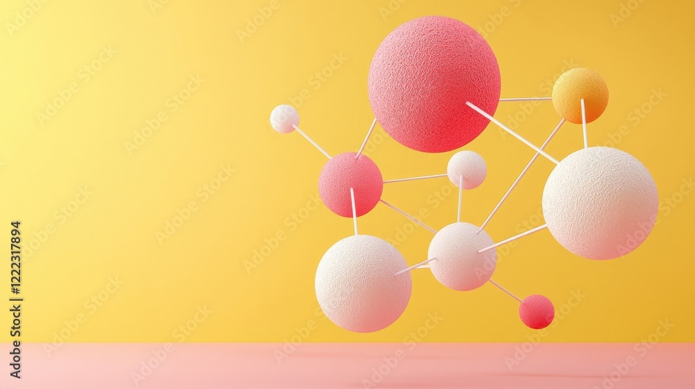 Aufkleber colorful abstract representation of molecular structure with soft textured spheres on bright yellow 
