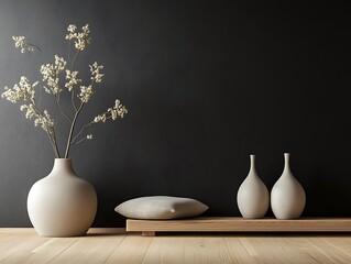 Contemporary Home Decor with Minimalist Vases on a Matte Black Wall, Wooden Flooring, and Natural Light, Perfect for Modern Interior Design Themes
