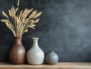Contemporary Home Decor with Minimalist Vases on a Matte Black Wall, Wooden Flooring, and Natural Light, Perfect for Modern Interior Design Themes