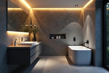 Soft grey walls with warm LED lighting illuminate a sleek modern bathroom at night, soft light, bathroom fixtures