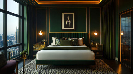 luxury green bedroom with city view and gold accents
