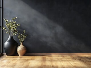 Contemporary Home Decor with Minimalist Vases on a Matte Black Wall, Wooden Flooring, and Natural Light, Perfect for Modern Interior Design Themes