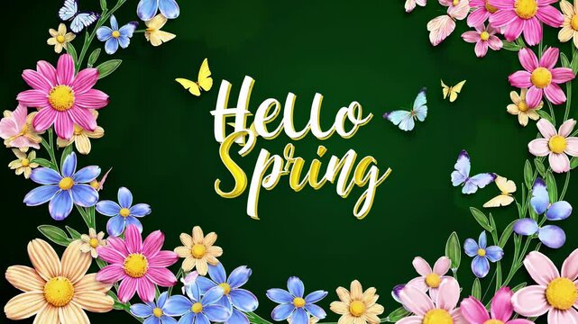 Bright Hello Spring text surrounded by flowers and butterflies on a green background. Celebrating the arrival of spring
