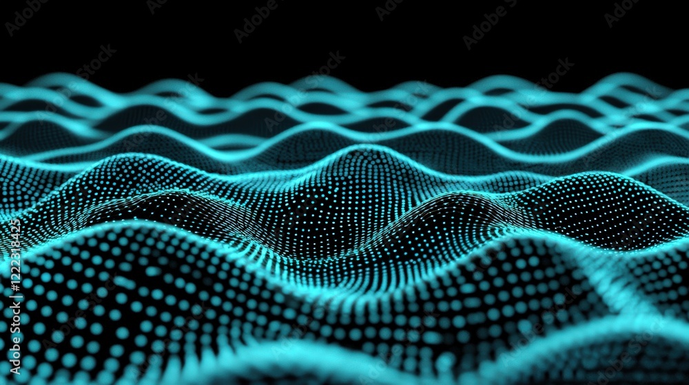 Poster abstract digital wave pattern with glowing dots and smooth curves in vibrant blue tones against a da