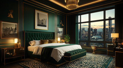 green luxury bedroom with city view and gold accents