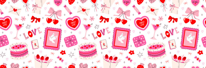 Valentines day hand drawn seamless pattern. Trendy vintage stickers. Heart, bouquet of flowers, gift, bow, sweet cake and cherry. Vector modern illustration