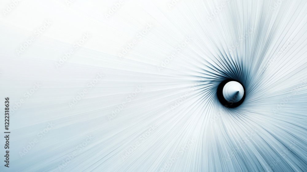 Poster abstract representation of a sphere surrounded by radiating lines in soft blue and white tones