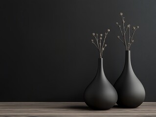Contemporary Home Decor with Minimalist Vases on a Matte Black Wall, Wooden Flooring, and Natural Light, Perfect for Modern Interior Design Themes