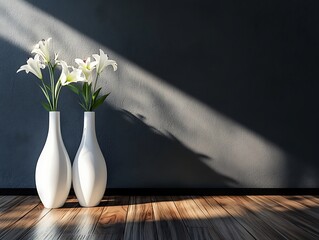 Contemporary Home Decor with Minimalist Vases on a Matte Black Wall, Wooden Flooring, and Natural Light, Perfect for Modern Interior Design Themes