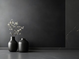 Contemporary Home Decor with Minimalist Vases on a Matte Black Wall, Wooden Flooring, and Natural Light, Perfect for Modern Interior Design Themes
