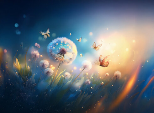 Fototapeta A magical field of dandelions at sunset, their seeds carried away by delicate butterflies on a warm breeze.  Glowing light and sparkling particles add to the ethereal beauty.