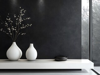 Contemporary Home Decor with Minimalist Vases on a Matte Black Wall, Wooden Flooring, and Natural Light, Perfect for Modern Interior Design Themes
