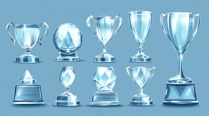 Glass award trophy set. Transparent prize template. Winner first place concept. Vector illustration. Winner glass trophy. First place award, crystal prize and signed acrylic trophies. Glass awarding t
