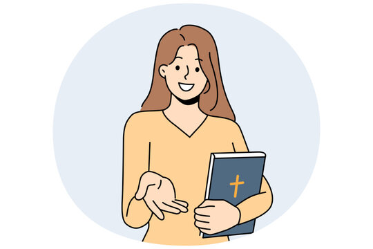 Believer woman with bible lends helping hand to people in need or invites them to christian charity organization. Girls hold book bible with catholic cross and lure parishioners in church for sermon