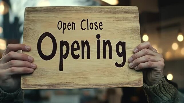 Person holding an open sign in a cafe.