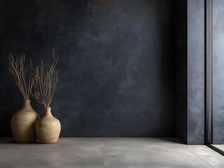 Contemporary Home Decor with Minimalist Vases on a Matte Black Wall, Wooden Flooring, and Natural Light, Perfect for Modern Interior Design Themes