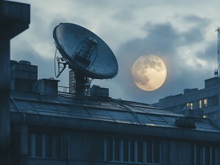 satellite dish at night with a full moon, urban setting, dark blue tones