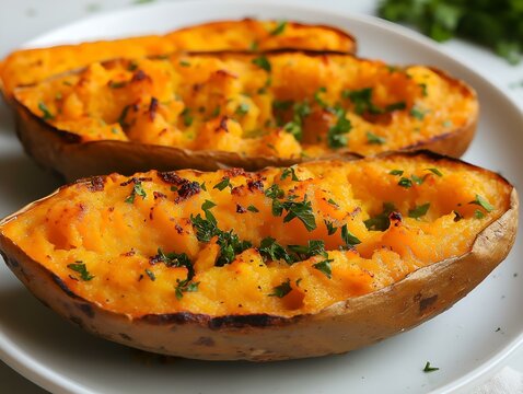 twice baked potatoes with cheesy topping, close-up view, delicious, appetizing, comfort food