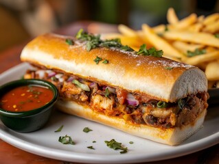submarine sandwich with meat and vegetables, close-up view, appetizing presentation, food photography
