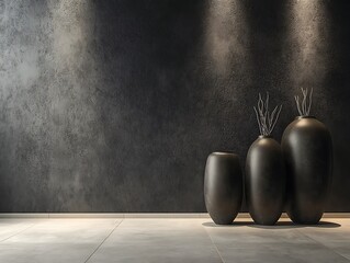 Contemporary Home Decor with Minimalist Vases on a Matte Black Wall, Wooden Flooring, and Natural Light, Perfect for Modern Interior Design Themes