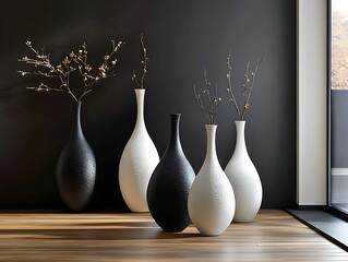 Contemporary Home Decor with Minimalist Vases on a Matte Black Wall, Wooden Flooring, and Natural Light, Perfect for Modern Interior Design Themes
