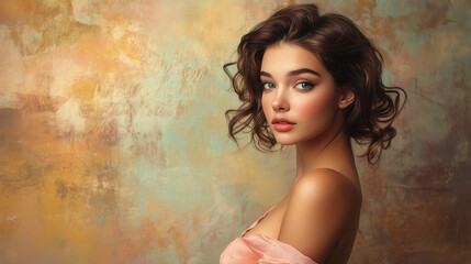 Fototapeta premium A mid-shot of a woman posing gracefully, vintage-inspired wavy hair