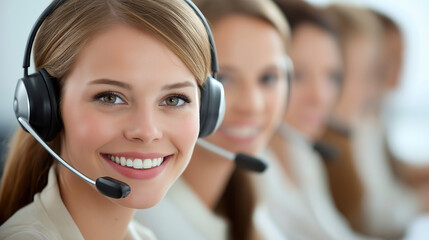 Smiling caucasian female customer service representatives in headsets