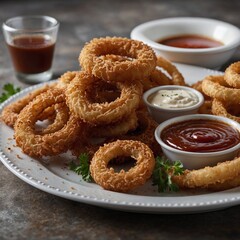 Crispy and Delicious Homemade Onion Rings on White Desk with Plate, Generative AI.Top view delicious fried onion rings and sauce