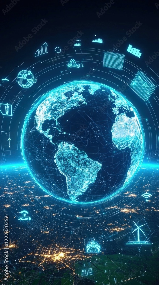 Aufkleber futuristic digital globe with networks and data visualization over earth at night in creative concep