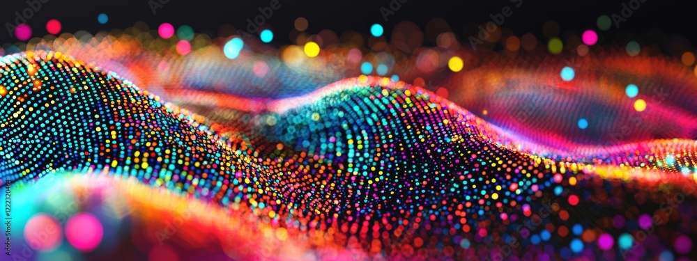 Poster vibrant colorful light particles creating wavy patterns in an abstract digital landscape