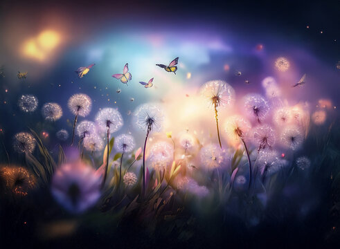 Fototapeta Enchanted field of glowing dandelions at twilight, illuminated by soft light, with butterflies fluttering amidst the seeds.  A magical, dreamlike scene.
