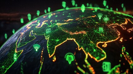 Digital Globe with Neon Green Connections Representing Global Technology and Communication Networks
