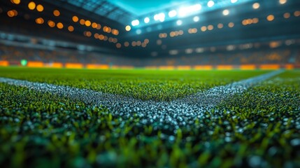 Naklejka premium Football field lit by dynamic floodlights during a night match. Generative AI