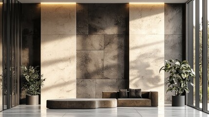 A bold modern interior featuring raw concrete walls and polished concrete flooring, accented with earthy tones like taupe and muted sand.
