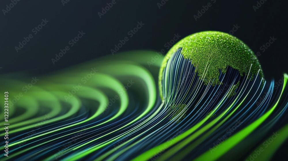 Poster abstract representation of the earth with flowing lines and green textures in a dark background