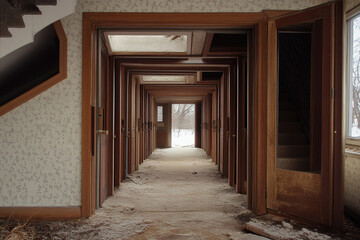 Unique house structure featuring numerous doors leading into an unseen void in a highly detailed setting