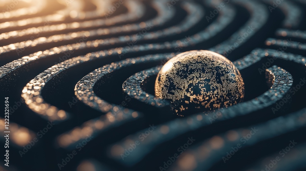 Poster abstract close-up of glowing sphere in curved textured surface with reflective water droplets and so