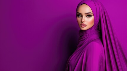 Woman in purple hijab, studio portrait, fashion