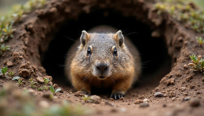 A groundhog peeks out of its burrow, looking directly at the camera. An image associated with Groundhog Day and the prediction of spring.
