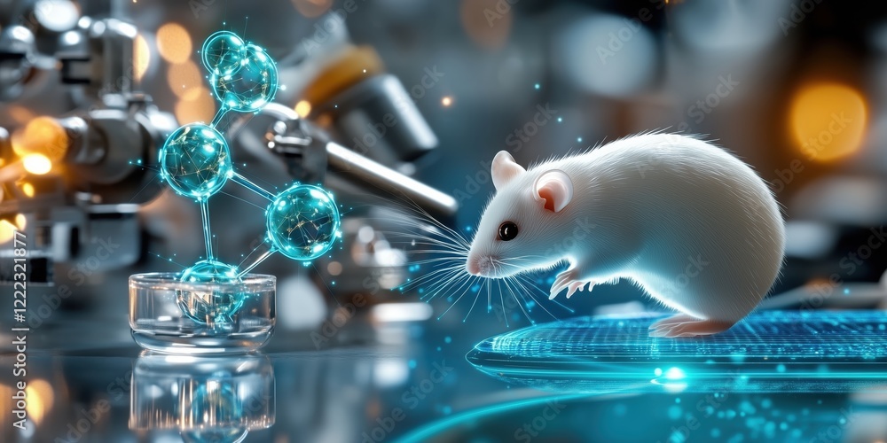 Poster futuristic laboratory experiment with white lab mouse high-tech setting digital science visualizatio
