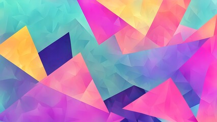 Abstract pastel geometric background with overlapping low poly triangles in vibrant pink, purple, blue, and yellow hues.