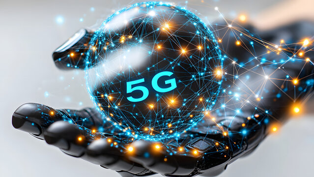 Robot hand holding 5G glowing globe  
