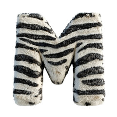 Top view of a 3D letter M made of Zebra skin isolated on a white transparent background
