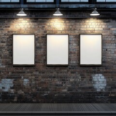 Three blank posters mockup. Portrait-oriented banner illuminated by lamps from above, placed on old brick wall inside loft-style space - gallery, cafe, art space basement. Billboard template indoors